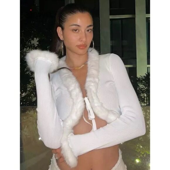 Femme Fatale Tops - Y2K Winter Faux Fur Trim Cardigan